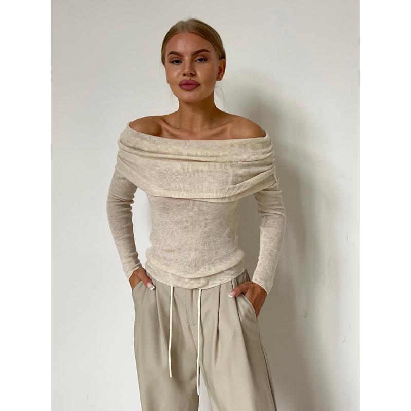 Spring and Autumn Off Shoulder Knitted Shirt Sexy Slimming Solid Color Long Sleeve Women's T-shirts