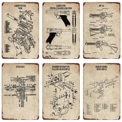 Tabanca Vintage Metal Tabela Silah Yapısı Retro Plak Tabanca Parçaları Duvar Sanatı Baskılar Ev Garaj Kulübü Man Cave Dekor Hediye