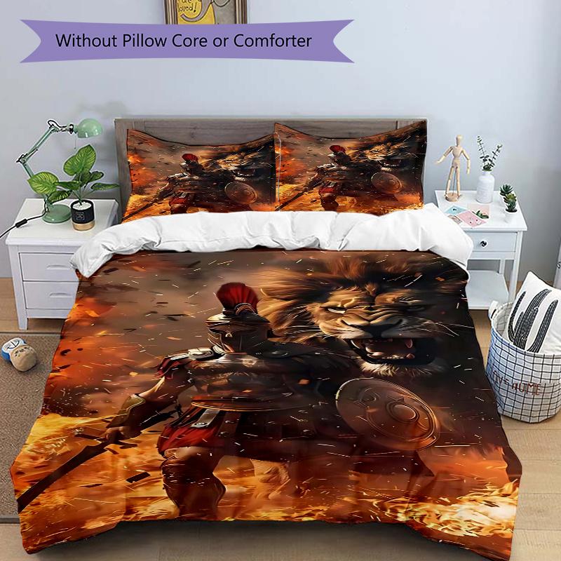 

3pcs Anime Lion Warrior Comforter Set with 1 Quilt Cover & 2 Pillowcases (No Core) - Festive Gift for Bedroom Decor, Polyester Fabric, Cartoon Design. 135x200cm