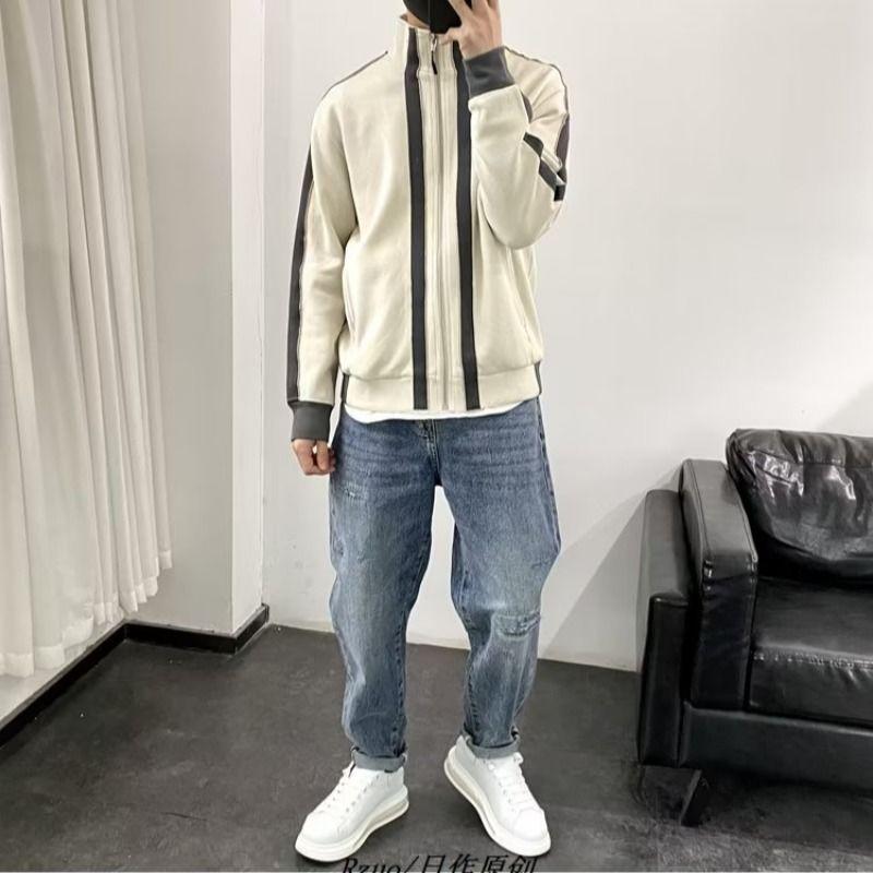 Modă Tendință Coreeană Toamnă Jachete Noi Bărbați Guler Stand Buzunare Culoare Contrastantă Fermoar Patchwork Casual Mânecă Lungă Paltoane Topuri