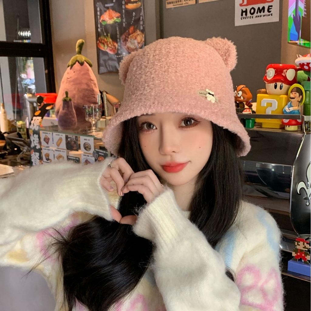 New Autumn and Winter Hat for Women Cute Little Bear Imitation Lamb Velvet Fisherman Hat Warm In Winter To Show The Face Small Pot Hat Trendy