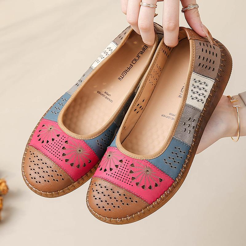 Fashion New Genuine Leather Ballet Flats Women's Summer Breathable Shoes Slip On Hollowed Nurse Loafers Woman Vintage Driving Moccasins