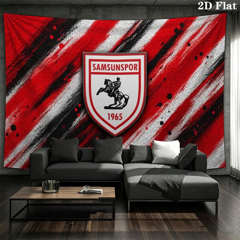 Samsunspor Wall Tapestry, Club Logo Red Brush Stroke Print Wall Hanging for Football Fan Room Decor