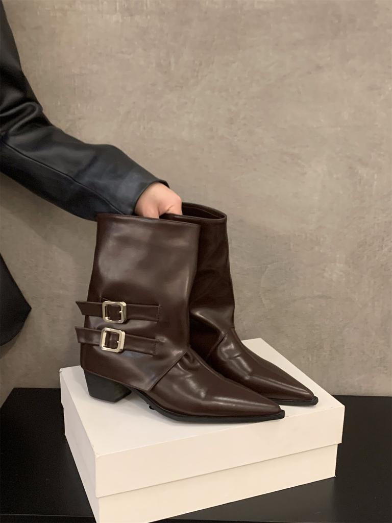 Pointed high-heeled brown small short boots women's shoes 2025 new spring and autumn single boots retro belt buckle medium tube pants tube boots