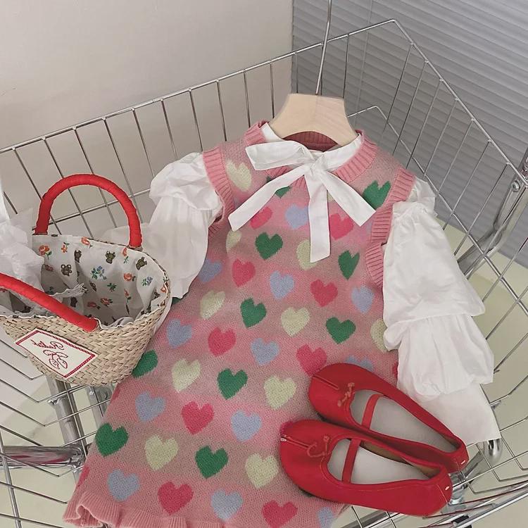 Dívčí pletené šaty s mašlí v korejském stylu s nabíranými rukávy - Jarní 2025 Princeznovská kolekce