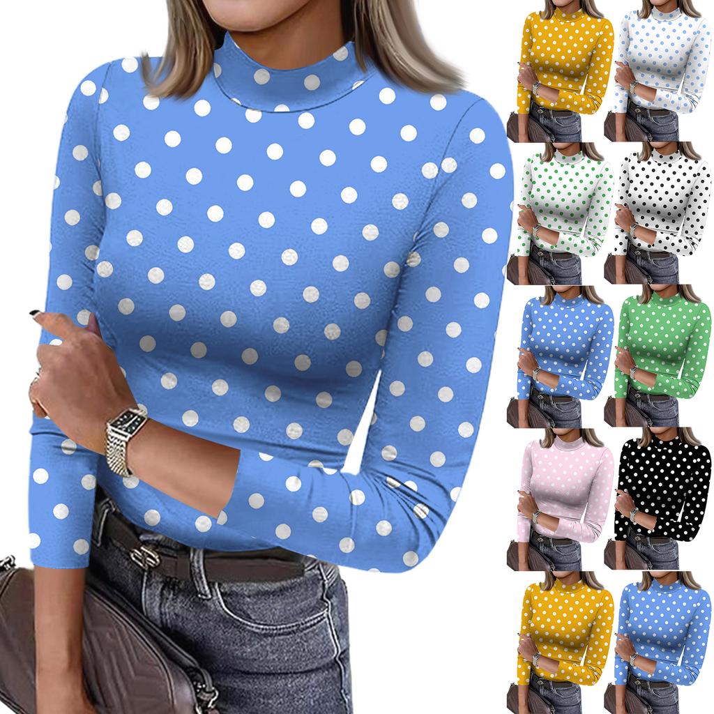 Women's Slim Bottom T-shirt Fashion Casual Polka Dot Printing Round Neck Pullover 3/4 Sleeve Top