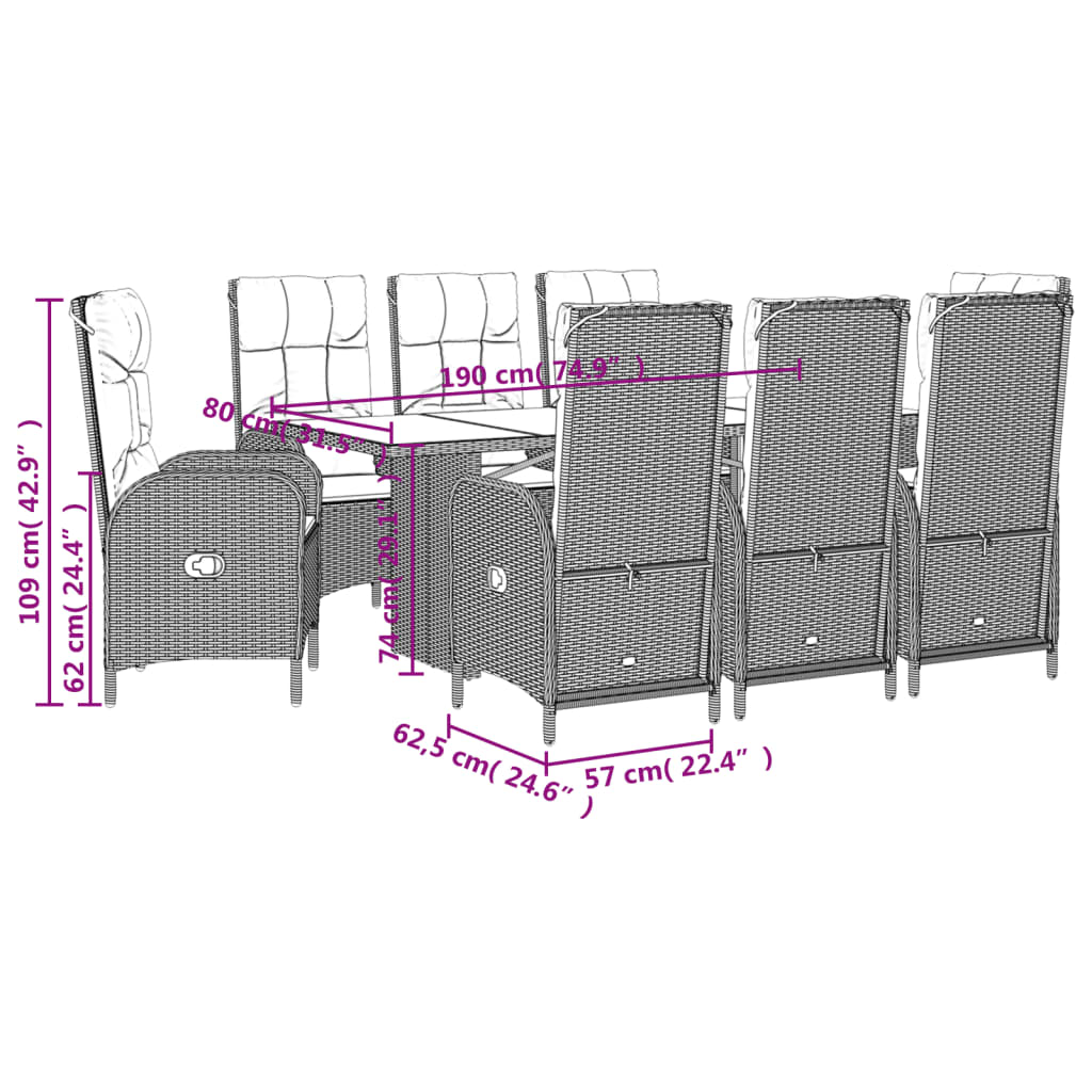 Vidaxl 9-Cz. Conjunto de Muebles de Jardín con Cojines, Gris, Ratán PE