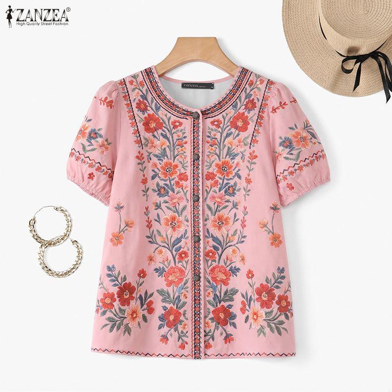ZANZEA Blusa Casual da Donna con Stampa Floreale, Girocollo, Maniche Corte