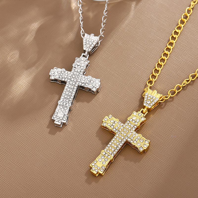 Simple Style Rhinestone Christian Cross Rhinestone Pendant Necklace Personality Fashion Street Domineering Chain Jewelry