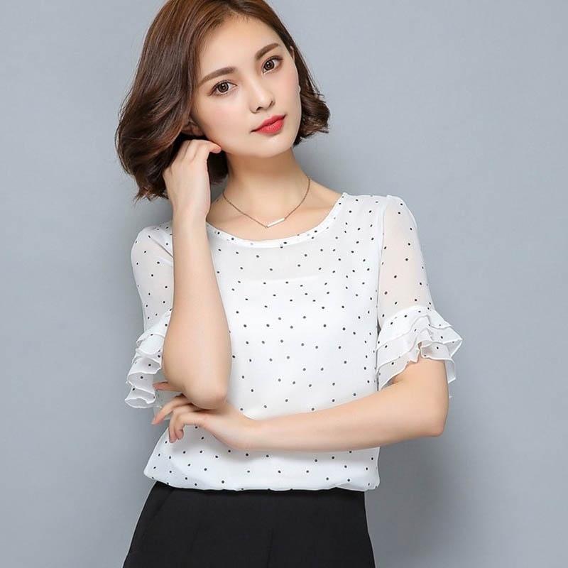 Summer Women Polka Dot Print Short Trumpet Sleeve Tops Stylish Casual Shirt