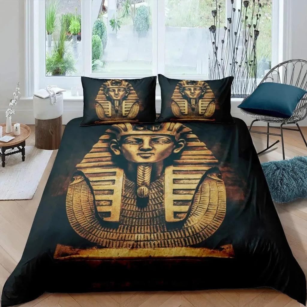 3D Ancient Egypt Tribe Duvet Cover Set,Pharaoh Bedding Sets,Egyptian Pyramids Exotic Style Comforter Cover Set Full Queen Size
