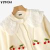 VONDA Oversized Women Long Sleeve Lace Splicing Casual Loose Knitted Sweaters