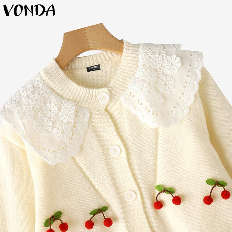 VONDA Oversized Women Long Sleeve Lace Splicing Casual Loose Knitted Sweaters