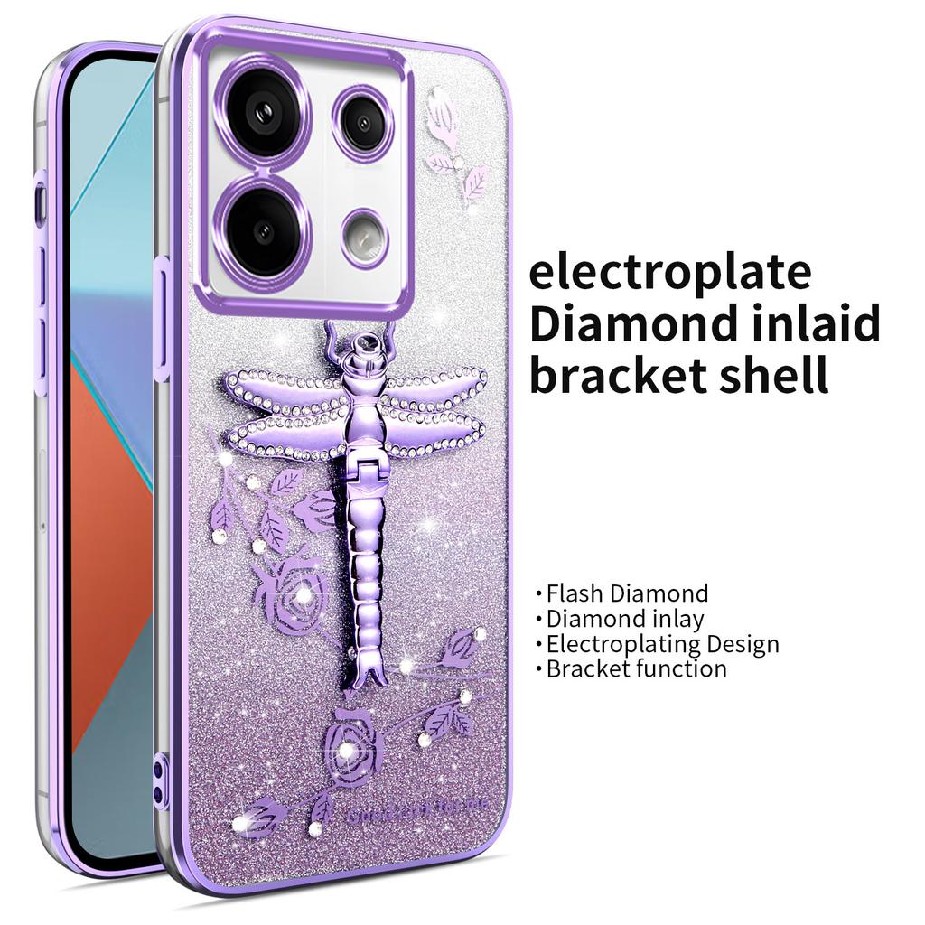 For Xiaomi Redmi Note 13 Pro 5G Case Dragonfly Kickstand TPU Flowers Glitter Phone Cover