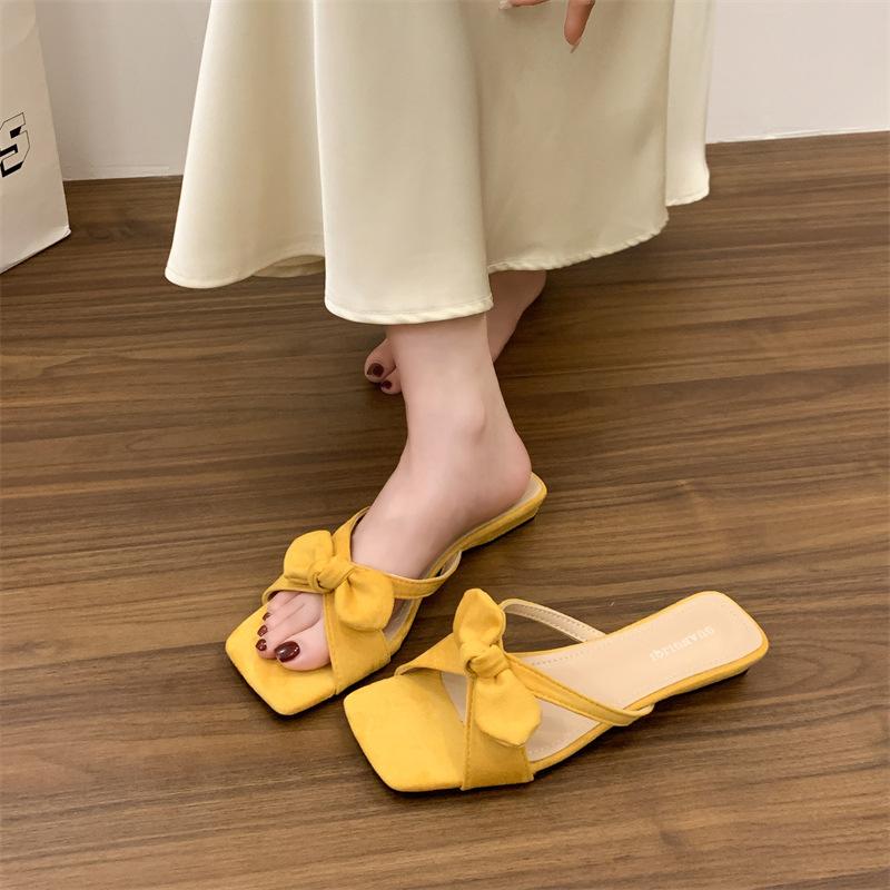 Bow Low Heel One-word Slippers Women's Summer New Square Head Open-toed Temperament Versatile Sandals