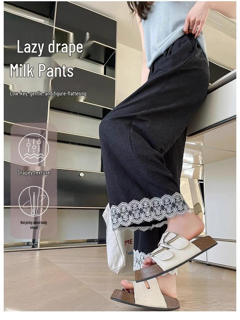 Petite Pink Lace Trim Wide Leg Women's Spring Summer Pants