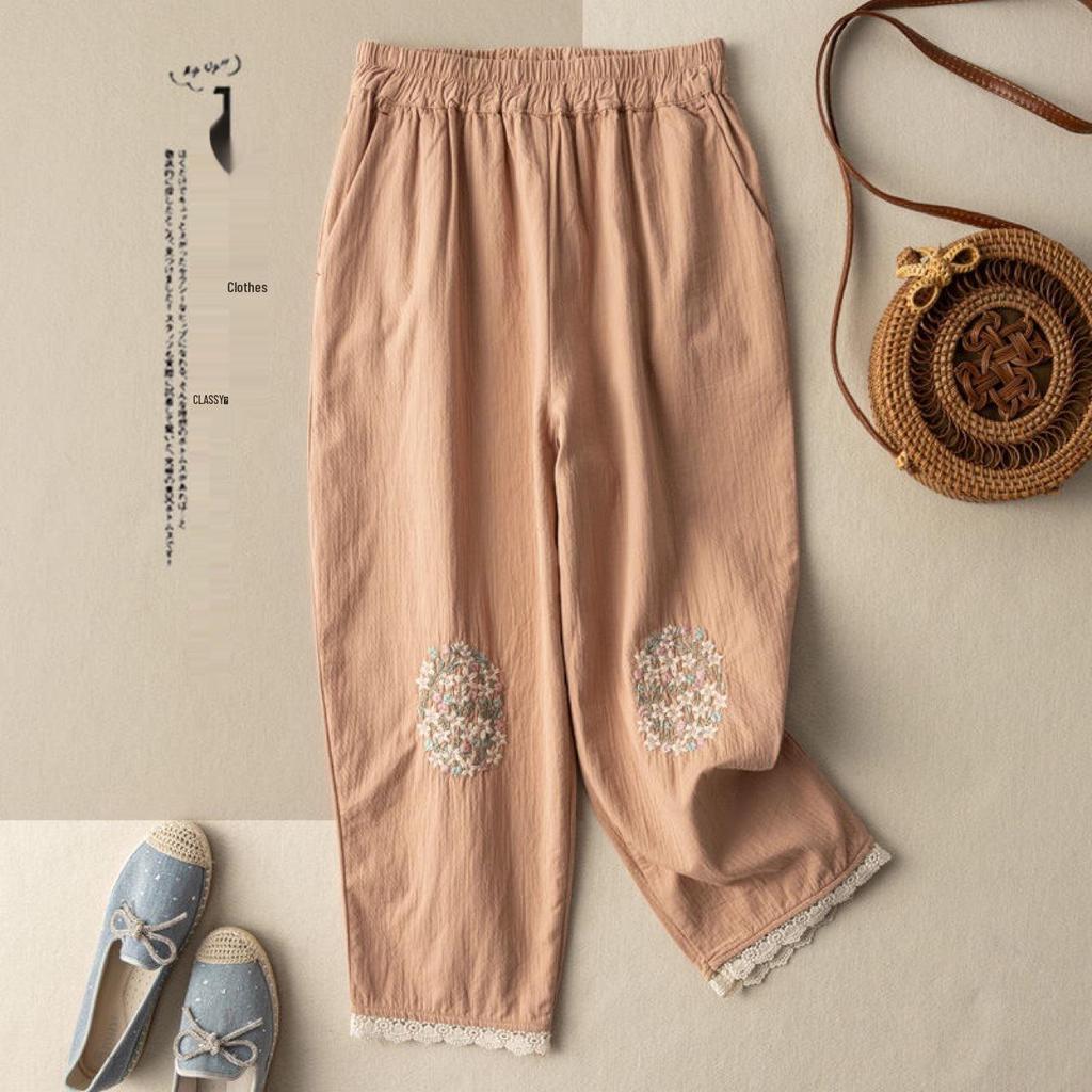 Women's Cotton Linen Embroidered Casual Pants - Retro, Loose, Slimming with Lace Trim, Summer Style 2022.