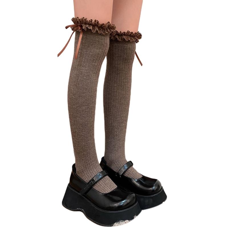 1 Pair Women Ruffle Socks Girl Lace Topped Calf Socks Frilly Socks with Bowties Cotton Socks Princess Style Dress Socks