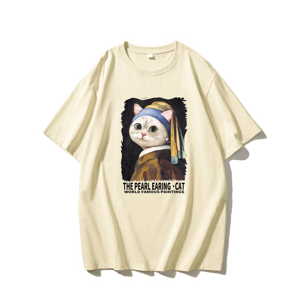 Cute Fun Cat Men's Printed Short Sleeve Summer Casual Versatile Street Atmosphere T-Shirt Cool Breathable Oversized Top