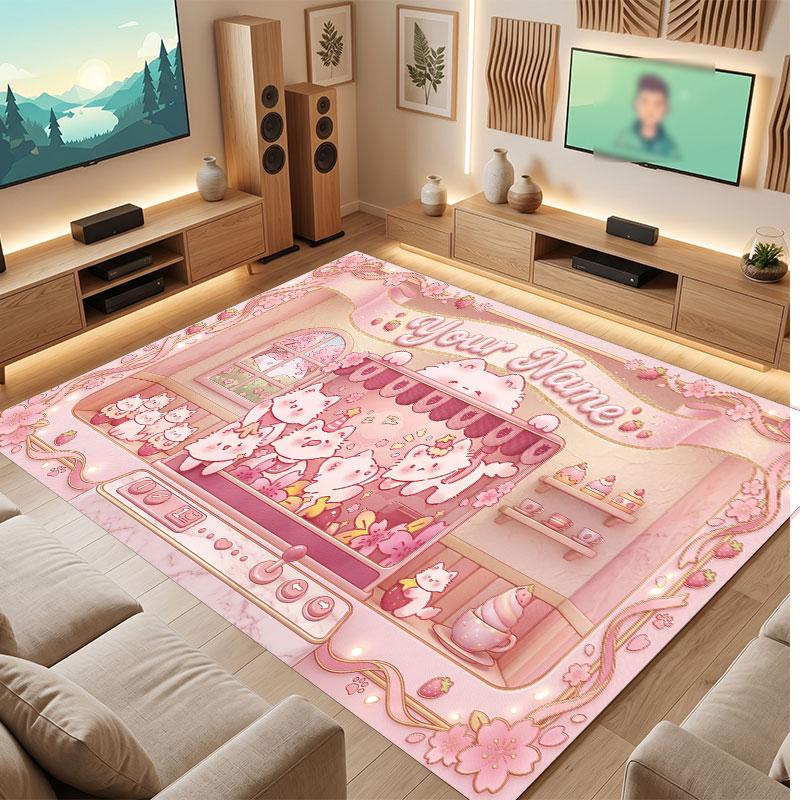 Cat Theme Crystal Velvet Floor Rug Personalized Custom Name Text Warm Carpet Home Decoration