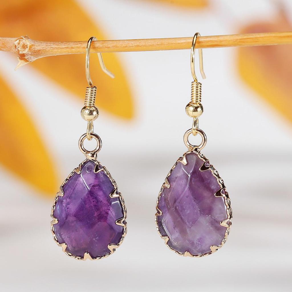 Cosmic Sailing Natural Amethyst Teardrop Earrings with Faceted Crystal Bezel-Set Design
