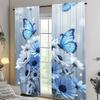 2Pc Blue And White Floral Butterfly Pattern Curtains, Polyester Fabric, Machine Washable, Suitable For Bedroom And Living Room