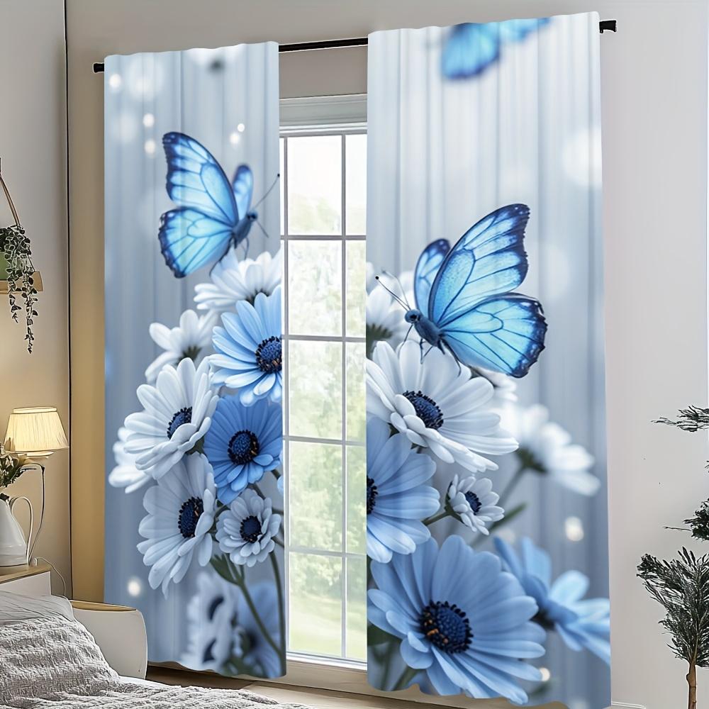 2Pc Blue And White Floral Butterfly Pattern Curtains, Polyester Fabric, Machine Washable, Suitable For Bedroom And Living Room