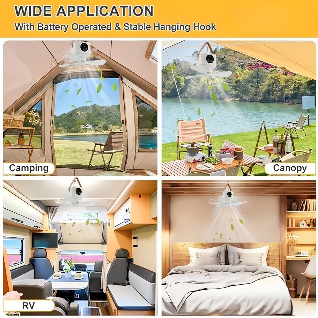 Outdoor Portable USB Rechargeable Camping Fan with LED Lantern, 3 Speed Adjustable, 8H Timer, Remote Control, Small Hanging Fan for Tent, RV, Camper