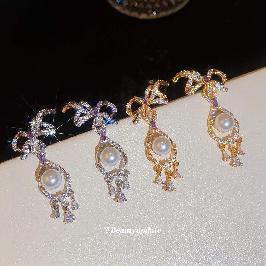 18K Real Gold Electroplated Silver Needle Zircon Bow Water Drop Fringed Stud Earrings, Ins Light Luxury Exquisite High-end Earrings for Women