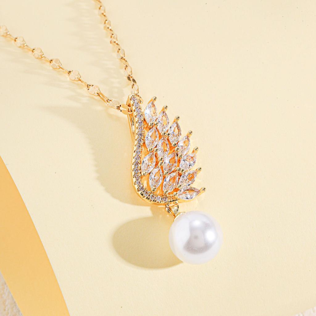 Full Diamond Feather Necklace Women'S Light Luxury Simple Ol Zircon Pearl Wing Set