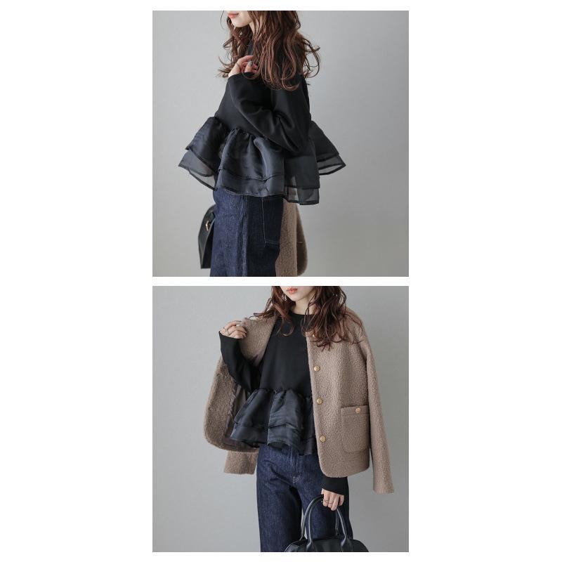 2025 Spring/Autumn Women s Mesh Patchwork Long Sleeve Puff Hem Top One Size