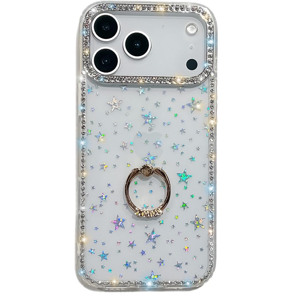 For iPhone 17 Pro Max Case with Ring Kickstand Rhinestone Edge TPU+PC IMD Phone Cover