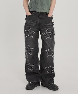 WAIKEI Star Applique Denim Pants Black