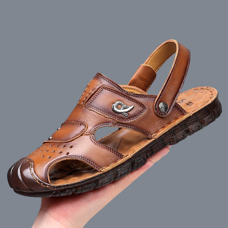 2025 Summer Shoes Mens Genuine Leather Sandals Flat Non-slip Summer Holiday Cowhide Male Footwear