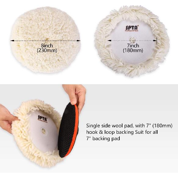 Wool Polishing Pads, SPTA 8"(200mm) 100% Natural Wool Buffing Pad with Hook & Loop Backing 4pcs Set Come with 5/8-11 Thread Backing Plate for Car