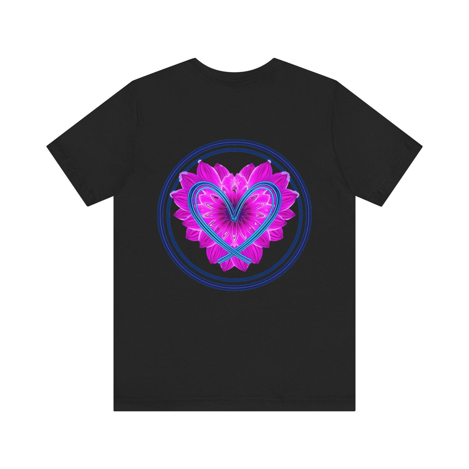 Pink Blue Heart Mandala T-Shirt, Floral Geometric Circle Tee, Neon Mandala Apparel, Artistic Graphic Shirt, Unique Gift M
