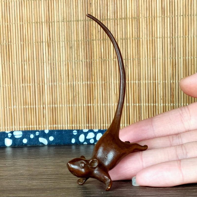 Miniatura de Rato de Cauda Longa Estilo Chinês Pet de Chá Vintage Ornamento de Rato de Cobre Puro Acessórios de Decoração para Casa
