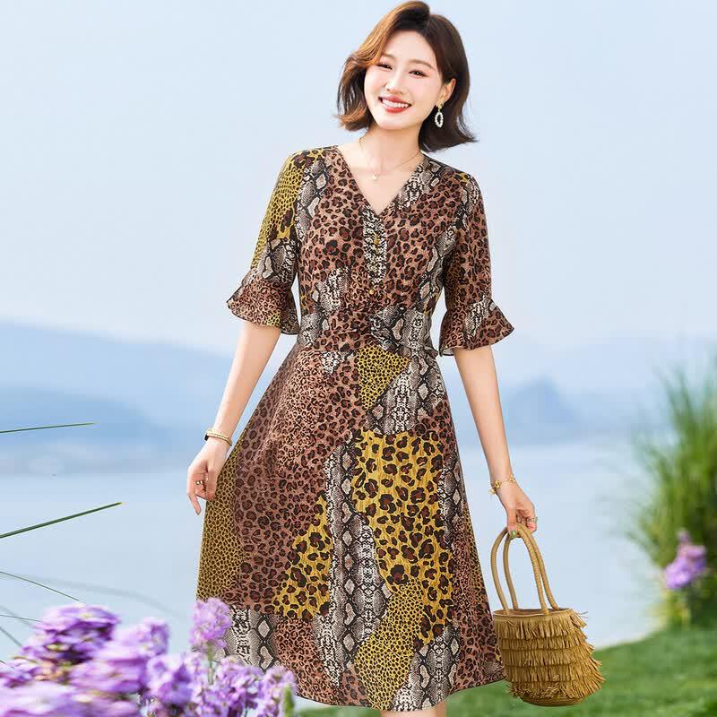SIFONE V-Neck Ruffle Sleeve A-Line Leopard Print Dress M