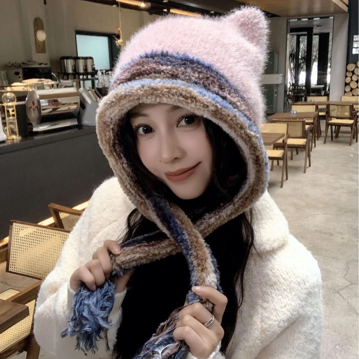 

Высококачественная теплая вязаная шерстяная шапка с милыми ушками и широкими полями для осени/зимы L (58-60cm) розовый