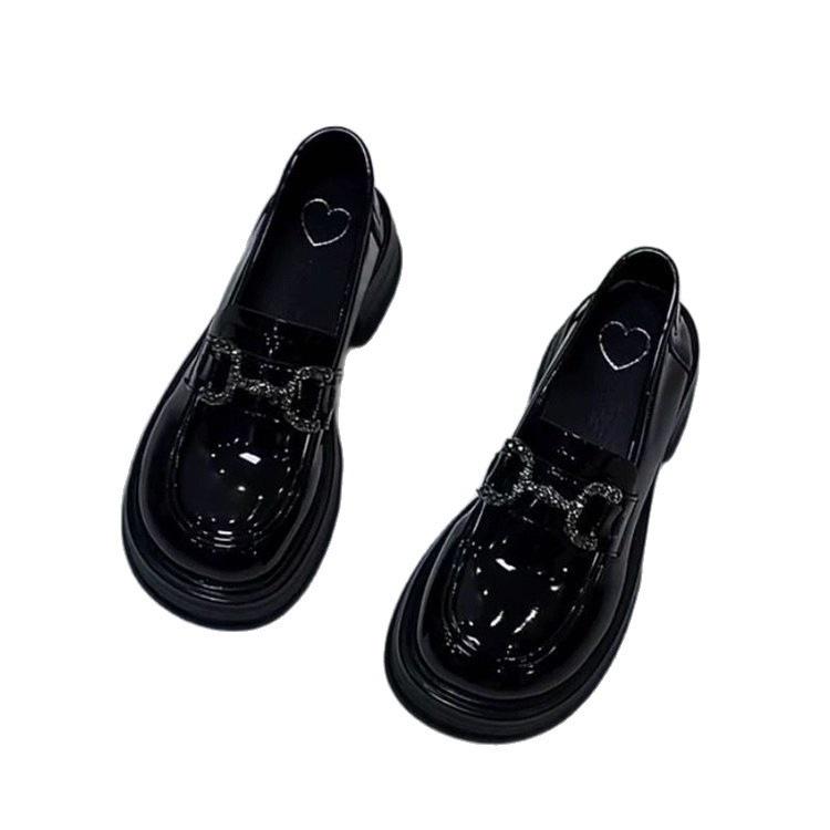 Platform Loafers Women's 2025 Autumn New Versatile Retro Fashion Stacked Wearing JK Rhinestones British Style Small Leather Shoes Women