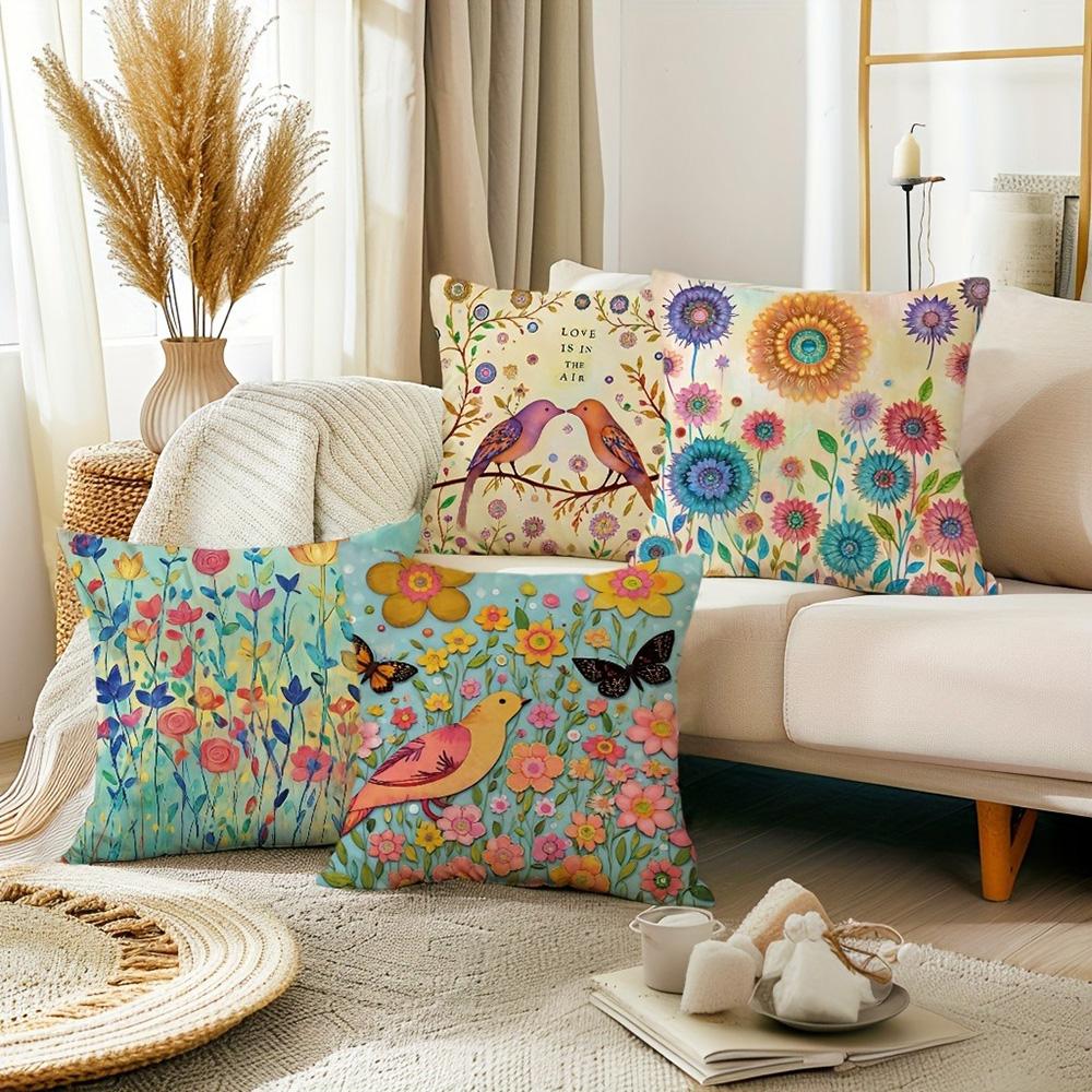 Colorful Floral and Bird-Printed Pillowcases: Add a Touch of Nature's Charm! Sofa Cushion Cover Home Room Decoration