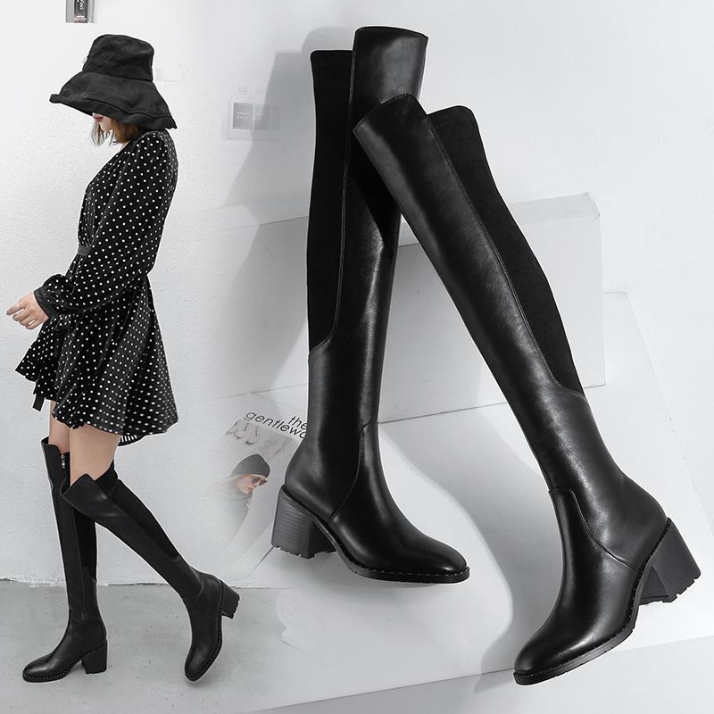 Fashion Genuine Leather Women's High Boots Fashion Slip-On Over-the-Knee Women Boots 2025 Autumn Winter Flock Round Toe Stretch Boots