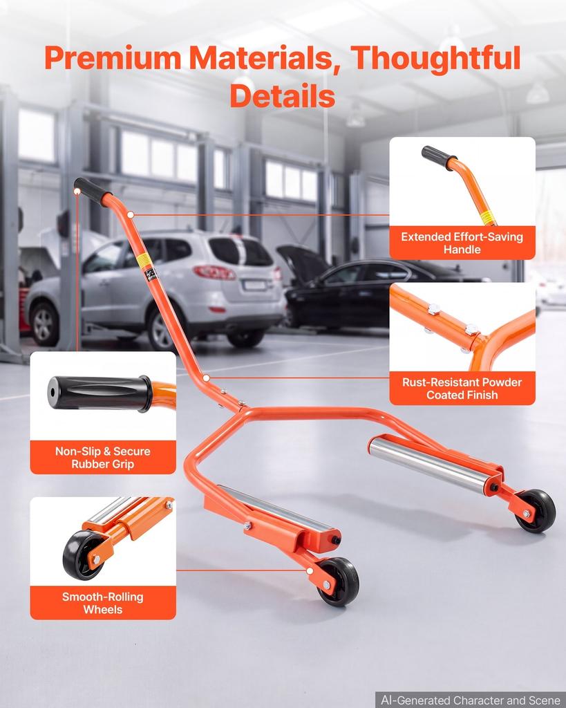 Tire Wheel Dolly, 204kg Heavy Duty Steel Truck Car Tire Dolly, Fits 889-1194mm Tires, 360° Rotating Rollers, Extended Labor-Saving Handle,