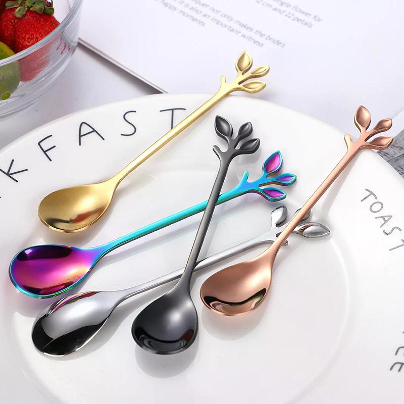 6PCS Creative Personality Stainless Steel Gold Spoons Tree Leaf Spoon Coffee Spoon Tea Spoon Home Restaurant Dessert Cutlery Set