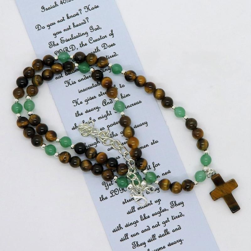 Adjustable Length Tigereye Crucifix Beaded Necklace 8mm Natural Beads Design Elegant Style and Good Luck Charm