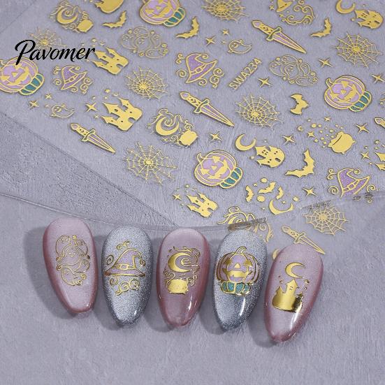 Suministros para Salón de Uñas Pegatinas de Arte 3D de Halloween, Calabaza Metálica Dorada, Fantasma, Telaraña, Decoraciones Fáciles de Aplicar, Pegatinas de Sombrero de Bruja, Autoadhesivas