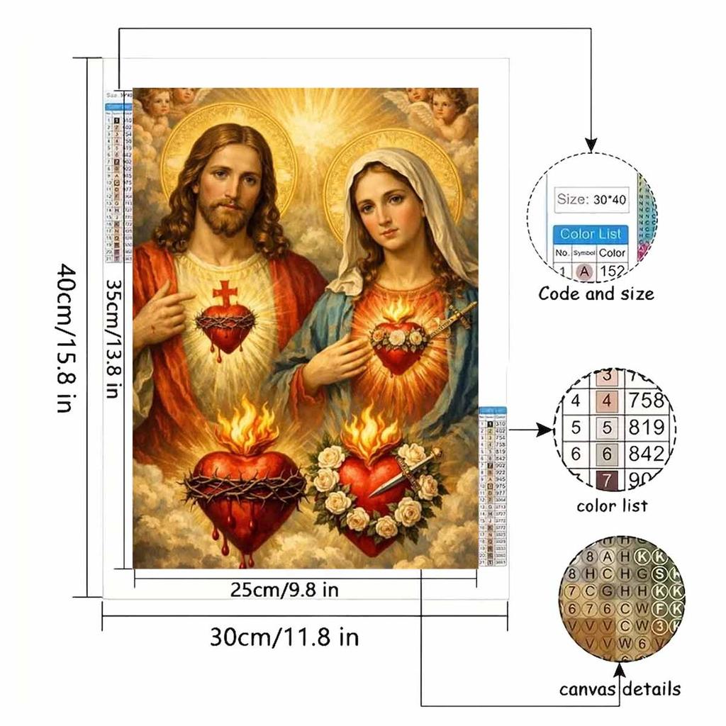 Set Pittura Diamante Fai da Te 5D Diamante Pieno Gesù e Maria Sacro Cuore Religioso Artigianato per Decorazione Parete Casa