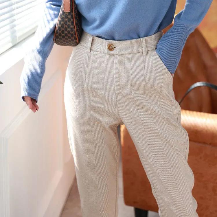 Winter Women's High Waist Trousers Autumn and Winter Herringbone Woolen Trousers Thin Harlan Feet Carrot Pants Casual Suit Pants