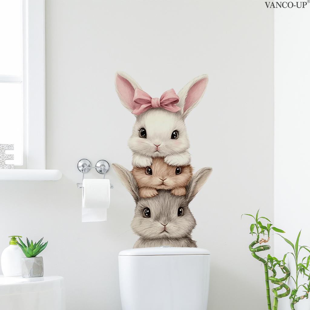 Cute Rabbit with Bow Creative Wall Stickers, Self-Adhesive Decor for Bedroom Living Room Background Decoration