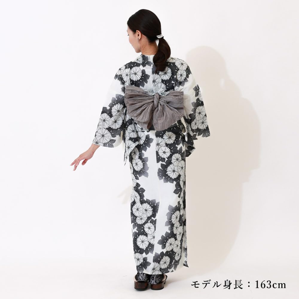 [Kyoto Kimono Yuzen] Women's Yukata Set with Heiko Obi (2-piece set) - Black with Floral Pattern on White Background - Modern Yukata (Black